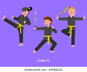 Cute vector character child. Illustration for martial art kung fu poster. Kid wearing kimono and training kung fu