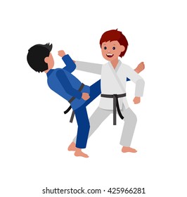 Cute Vector Character Child. Illustration For Martial Art Judo Poster. Kid Wearing Kimono And Training Judo