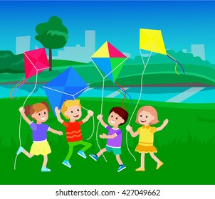 Cute vector character child. Vector illustration of children flying kites on the meadow. Detailed character