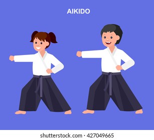 Cute vector character child. Illustration for martial art aikido poster. Kid wearing kimono and training aikido