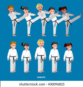 Cute vector character child . Illustration for martial art poster. Kid wearing kimono and karate training