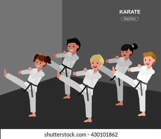 Cute vector character child . Illustration for martial art poster. Kid wearing kimono and karate training