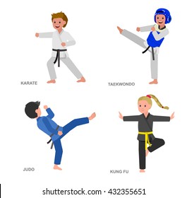 Cute vector character child. Illustration for martial art taekwondo, karate, judo, kung fu. Kid wearing kimono and training. Child take fighting pose