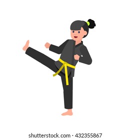 Cute vector character child. Illustration for martial art kung fu poster. Kid wearing kimono and training kung fu