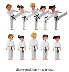 Cute vector character child . Illustration for martial art poster. Kid wearing kimono and karate training