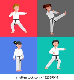 Cute vector character child . Illustration for martial art poster. Kid wearing kimono and karate training