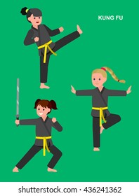 Cute vector character child. Illustration for martial art kung fu poster. Kid wearing kimono and training kung fu. Vector fun child. Illustration of Kid and Sport. Child take kung fu fighting pose