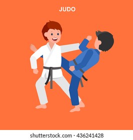 Cute vector character child. Illustration for martial art judo poster. Kid wearing kimono and training judo. Vector fun child. Illustration of Kid and Sport. Child take judo fighting pose