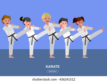 Cute vector character child . Illustration for martial art poster. Kid wearing kimono and karate training. Illustration of Kid take karate fighting pose