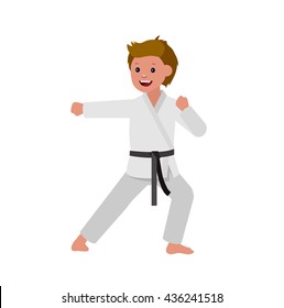 Cute vector character child . Illustration for martial art poster. Kid wearing kimono and karate training. Vector fun Child take karate fighting pose