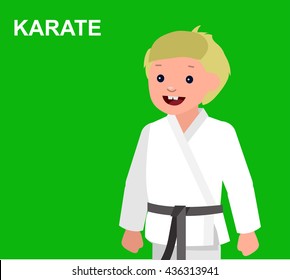 Cute vector character child . Illustration for martial art poster. Kid wearing kimono and karate training. Vector fun child. Illustration of Kid and Sport. Child take karate fighting pose