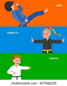 Cute vector character child. Illustration for martial art karate, judo, kung fu. Kid wearing kimono and training