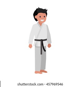 Cute vector character child. Illustration for martial art poster. Kid wearing kimono and karate training