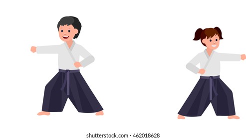 Cute vector character child. Illustration for martial art. Kid wearing kimono and training aikido