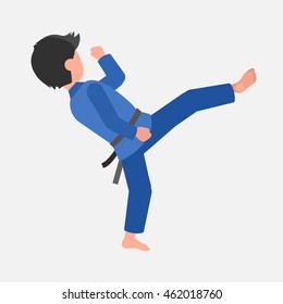 Cute vector character child. Illustration for martial art. Kid wearing kimono and training judo