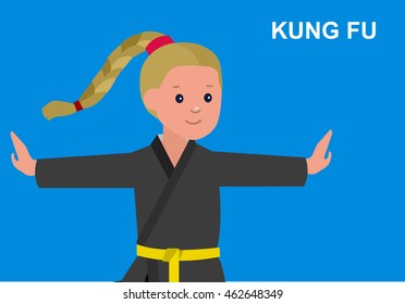 Cute vector character child. Illustration for martial. Kid wearing kimono and training kung fu.