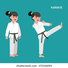 Cute vector character child. Illustration for martial art poster. Kid wearing kimono and karate training