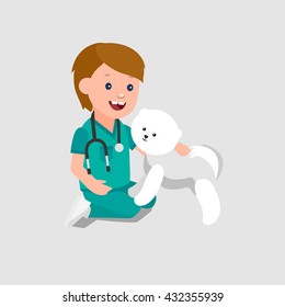 Cute vector character child. Kid playing to be a doctor or nurse with animal. Happy