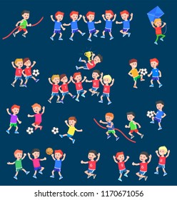 Cute vector character child playing football, basketball