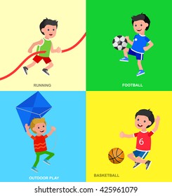 Cute vector character child playing football, basketball, playing with a kite, runs. Cheerful 