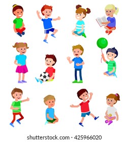 Cute vector character child playing with ball, read book . Happy kid illustration