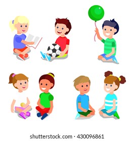 Cute vector character child playing with ball, read book . Cheerful. Happy kid illustration