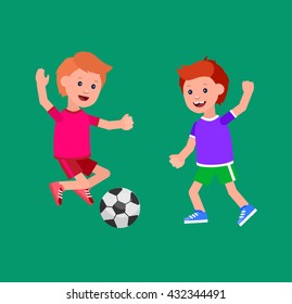 Cute vector character child playing football. Cheerful child. Happy boy kid illustration. Detailed character