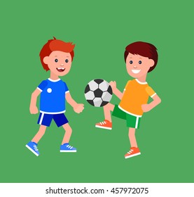 Cute vector character child playing football. Cheerful kid illustration