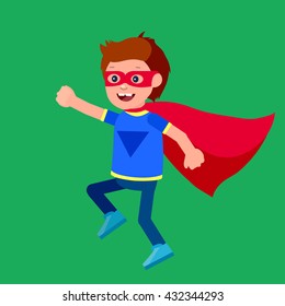 Cute vector character child. Superhero kid. Happy illustration. Detailed character. Super hero playing, fly