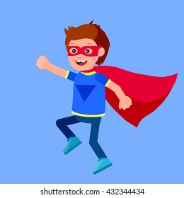 Cute vector character child. Superhero kid. Happy kid illustration. Detailed character child. Super hero kids playing, fly, Super kids in action. Vector fun child.