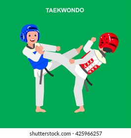 Cute vector character child and taekwondo. Illustration for martial art poster. Kid wearing kimono