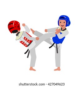 Cute vector character child and taekwondo. Illustration for martial art poster. Kid wearing kimono and taekwondo training