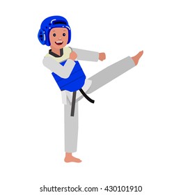 Cute vector character child and taekwondo. Illustration for martial art poster. Kid wearing kimono
