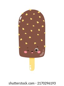 Cute vector character chocolate ice cream with nuts on a stick. Cold dessert. Summer sweetness. Isolated on white background