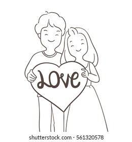 Cute vector character design outline of young couple with heart in valentine day.Doodle style.
