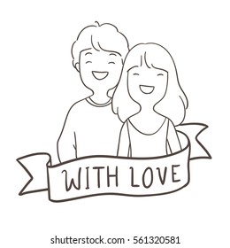 Cute vector character design outline of young couple in love valentine .Doodle style.