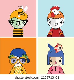 Cute vector character design set with different costumes