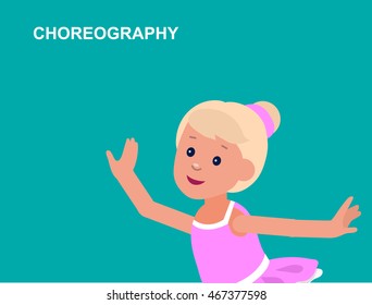 Cute vector character girl. Cheerful child. Happy kid girl dancing ballet. Education and child development. Banner for kindergarten or children club, school of Arts