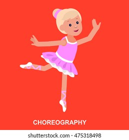 Cute vector character girl. Cheerful child. Happy kid girl dancing ballet. Education and child development. Banner for kindergarten or children club, school of Arts