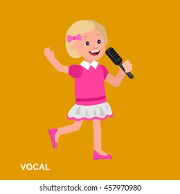 Cute vector character girl. Happy kid girl sings. Education and child development. Banner for kindergarten, children club or school of Arts, music school