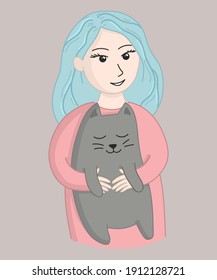 Cute vector character girl holding a cat.