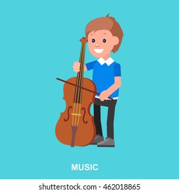 Cute vector character. Happy boy kid playing on contrabass. Education and child development. Banner for kindergarten, children club or school of Arts, music school