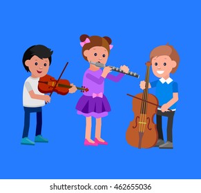 Cute vector character. Happy kid team playing on contrabass, on flute, playing on violin. Education and child development. Banner for kindergarten, children club or school of Arts, music school