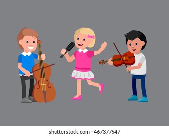 Cute vector character. Happy kid team playing on contrabass, singing, playing on violin. Education and child development. Banner for kindergarten, children club or school of Arts, music school