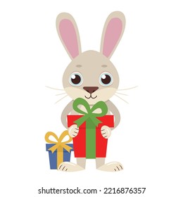 Cute vector character hare with gift boxes for the holiday.