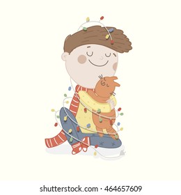 Cute vector character hugs his cat. New Year illustration