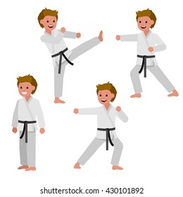 Cute vector character. Illustration for martial art poster. Kid wearing kimono and karate training