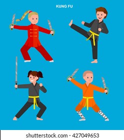 Cute vector character kid Shaolin monk. Illustration for martial art kung fu poster. Kid wearing kimono and training