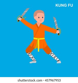 Cute Vector Character Kid Shaolin Monk. Illustration For Martial Art Kung Fu Poster