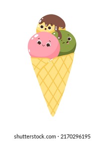 Cute vector character multicolored popsicles in cone. Cold dessert ice cream. Summer sweetness. Isolated on white background